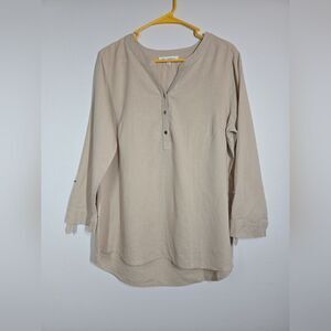 Emily Daniels Women's 1/2 Button Up Linen Blend Shirt Tunic Adj Sleeve sz LARGE